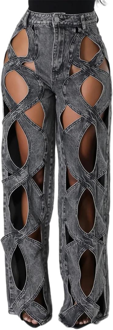 Womens High Waisted Jeans Y2K Trendy Hollow Out Criss Cross Wide Straight Leg Baggy Denim Pants (Medium, 3-black)