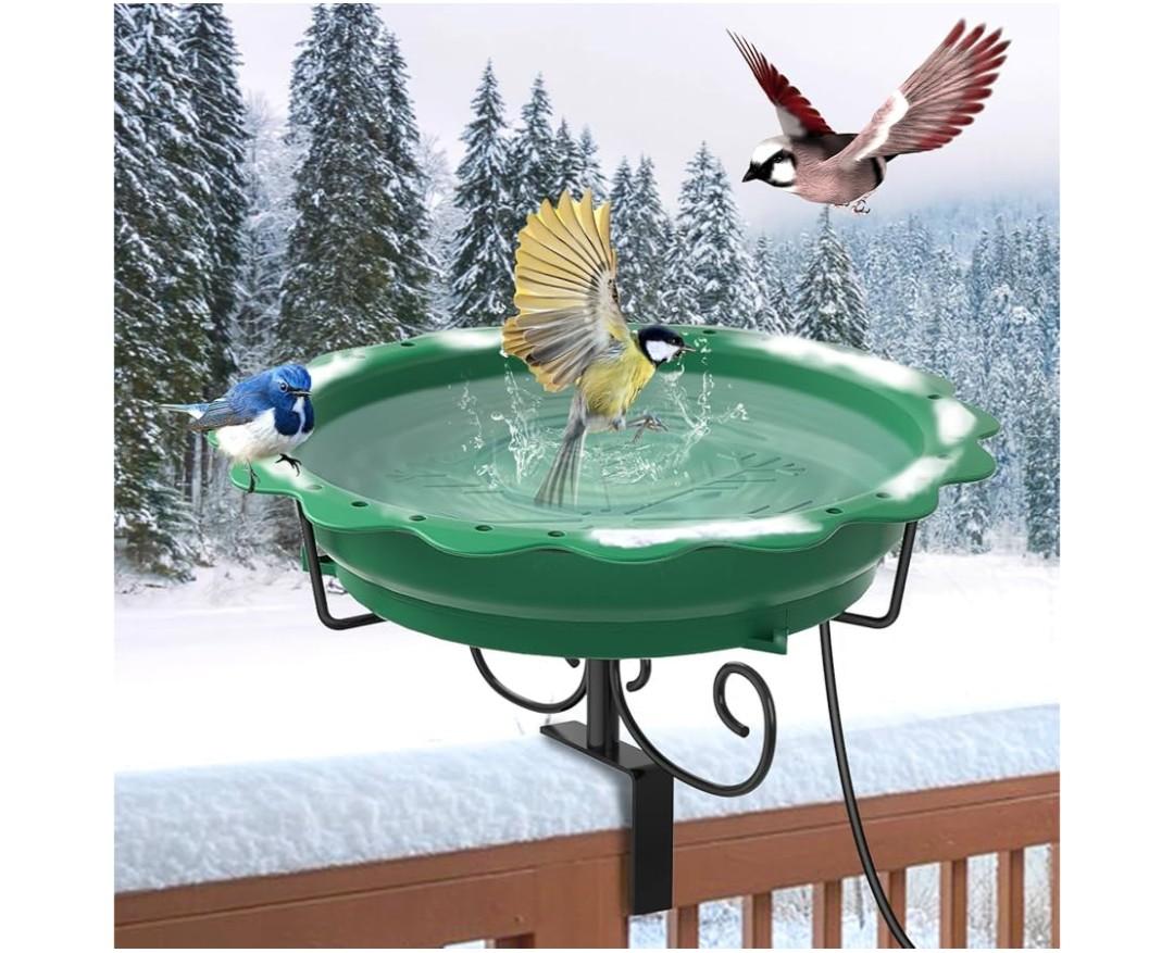 Heated Bird Baths for Outdoors, 100W Heated Bird Bath for Deck Railing, Heated Birdbath with Thermostat Control, Heated Bird Bath for Outside Winter Garden Patio Yard (Green)