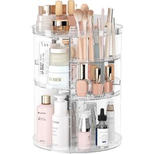 Rotating Makeup Organizer, DIY 8 Adjustable Layers Spinning Skincare Organizer, Cosmetic Display Case with Brush Holder Perfume Tray, Multi-Function Storage Carousel for Vanity Bathroom Countertop (Clear)