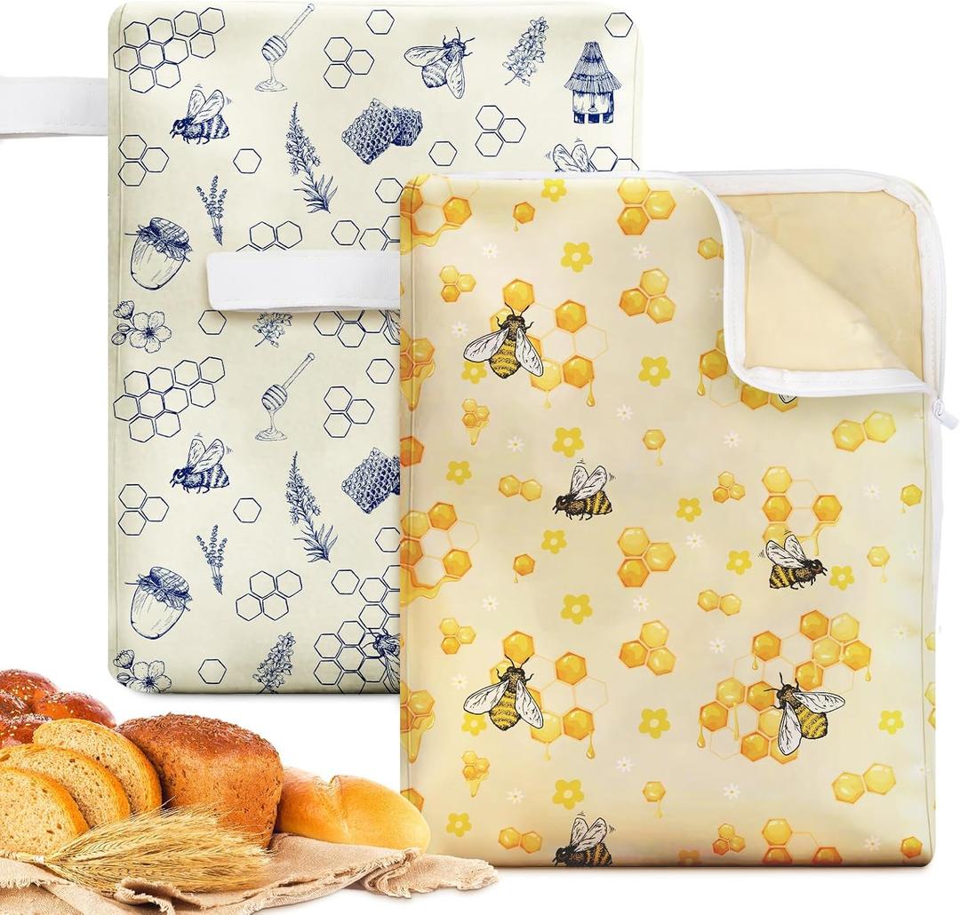 Hahafelt 2 Pack Beeswax Bread Bags for Homemade Sourdough Bread 17" x 13" Wide Zipper Access Organic Beeswax Linen Cotton Food Storage Bag with Sealing Zip to Keep Fresh(Bee)