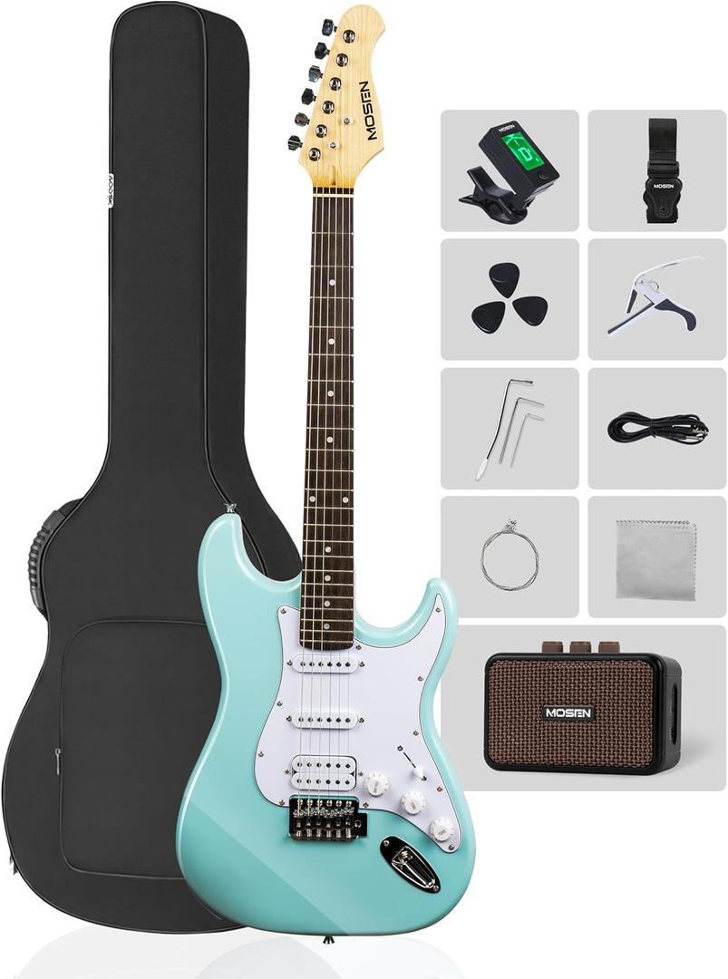 MOSEN 39" Electric Guitar Set, HSS Coil Split, w/Amp, Bag, Capo, Ice Blue