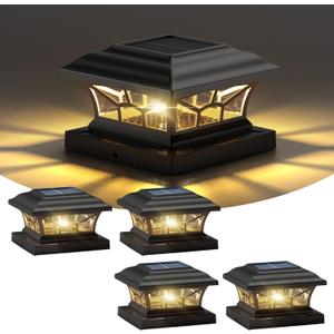 4 Pack Solar Post Cap Lights Outdoor Waterproof, Fits 4x4, 5x5, 6x6 Wooden & Vinyl Fence Decks with Warm & Cool White Light Modes.(Classic Black,4)