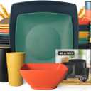 Teivio 40-piece Kitchen Wheat Straw Square Dinnerware Set, Service for 10, Unbreakable Dinner Plates, Salad Plates, Snack Bowls, Cups 13.5 oz, Colorful Plastic, Dishwasher Safe Dishes, Autumn Multicolor