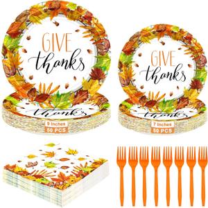 200 PCS Thanksgiving Plates and Napkins, Disposable Thanksgiving Decorations, Autumn Party Paper Dinnerware Supply, 9" and 7" Fall Maple Leaves Plates Napkins Forks for Home Friend Party Celebration