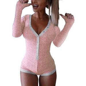 Roselux Women's Sexy Deep V Neck Shorts Long Sleeve Knitted One Piece Bodysuit Sexy Pajama Onesie Bodycon Rompers Overall, Large
