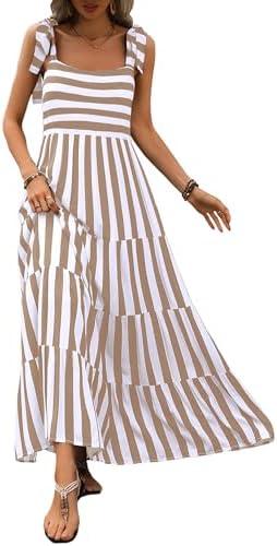 PRETTYGARDEN Womens Dresses 2025 Summer Striped Sleeveless Maxi Dress Casual Spaghetti Strap Tiered Flowy Beach Long Dress(Striped Khaki,Medium) at Amazon Womens Clothing store