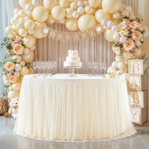 48 Inch Champagne Round Tulle Tablecloths Skirt for Baby Shower Wrinkle Free Ruffle Tutu Table Skirt Spandex Stretch Fitted Round Table Cover for Birthday Party Wedding Banquet Celebration Decor
