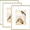 BKABOT 8.5x11 Picture Frame Set of 3, Brass Metal Photo Frames with HD Glass, Fits 5x7 with Mat or 8.5x11 without Mat, Wall Hanging and Table Display