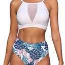 ZAFUL Women's Sheer Mesh Bikini Set High Waisted Tummy Control 2 Piece Tankini Swimsuit Bathing Suit(AG-White,M)