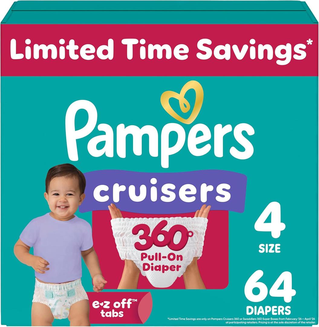 Pampers Diapers - Cruisers 360 - Size 4, 64 Count, Babyproof up to 100% Leakproof Pull-On Diaper