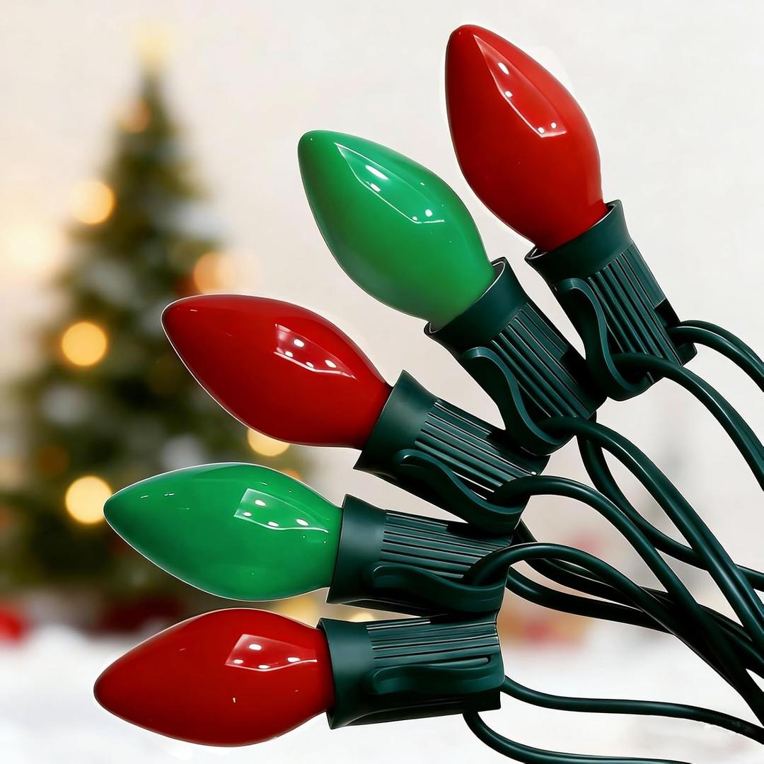 C7 Incandescent Christmas Lights, 25FT C7 White Red and Green Christmas Lights with 27 5W Incandescent Light Bulbs for Xmas Tree Fence Holiday Party House Night Decoration