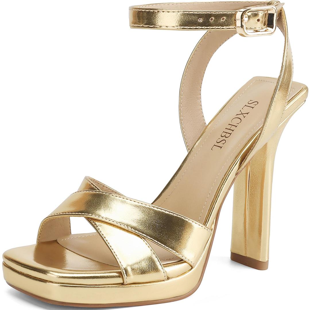 SLXCHBSL Heels for Women Platform Sandals Womens Chunky High Heels Open Toe Heeled Sandals Ankle Strap Womens Wedding Party Dress Shoes Gold 9.5 (Gold)