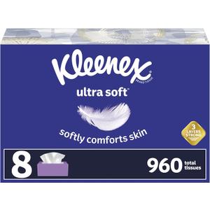 Kleenex Ultra Soft Facial Tissues, 8 Flat Boxes, 120 Tissues per Box (960 Total Tissues) (White)