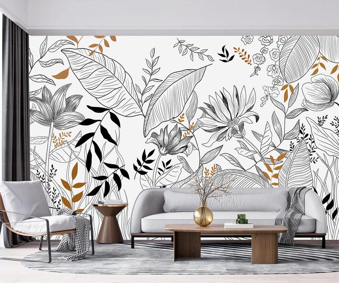 -Hand-Painted Flower Plant Fabric Wallpaper Simple Art Living Room 100" x 65" (Not Peel and Stick)