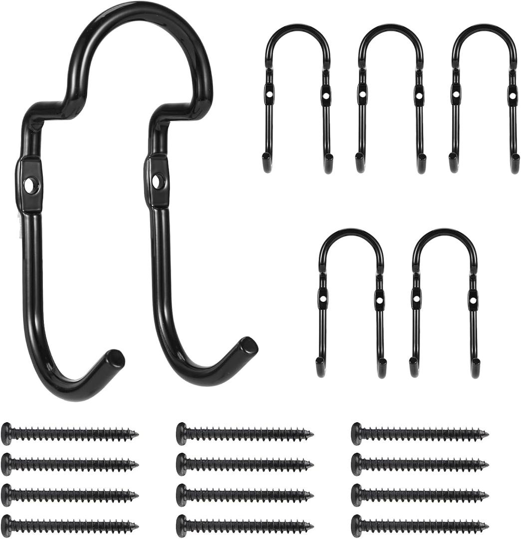 Set of 6 Garage Wall Hooks, Wall Metal Hooks, Double Hooks, Black, Double Garage Hooks for Organizing Ropes, Chairs, Hoses (Model 2)