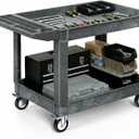 YITAHOME 2 Tier Heavy Duty Plastic Utility Cart 45 x 25 Inch, Rolling Work Cart w/Deep Shelves & 360 Swivel Wheels(2 Brake), Plastic Tool Cart Suitable for Warehouse, Garage, Office, Cleaning, Gray
