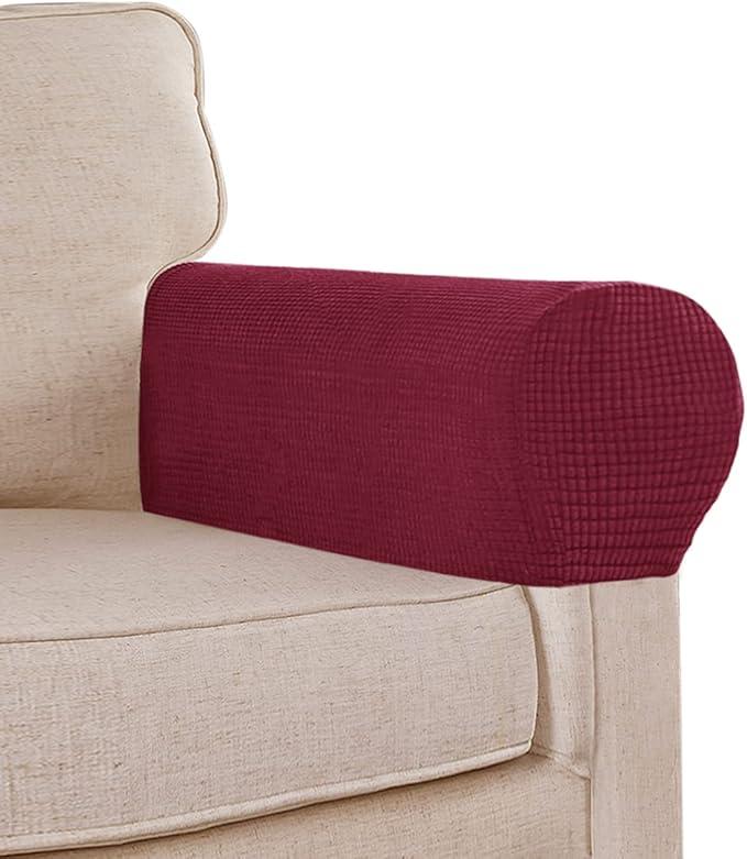 Stretch Sofa Armrest Covers Spandex Jacquard Arm Covers for Chairs and Sofas Anti-Slip Couch Armrest Covers with Sticker Furniture Armrest Protector for Sofa Couch Chair Recliner, Pack of 2, Burgundy Red