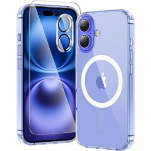 3 in 1 for iPhone 16 Case Clear with MagSafe, Not Yellowing, Screen Protector*1 Camera Lens Protector*1, Military-Grade Protection for iPhone 16 Phone Case 6.1 inch Clear