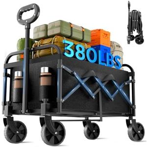 BEUSZATED Collapsible Wagon 380 lbs, Heavy Duty Wagons Carts Foldable, Shopping Cart with All-Terrain Wheels & 2 Drink Holders, Weatherproof, Wagon Cart for Home, Outdoor,Beach,Camping, Sports, Black