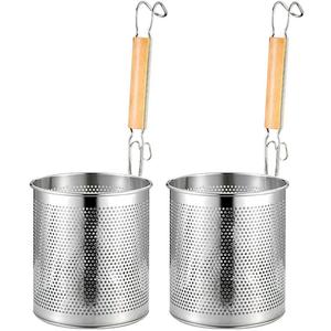2 Pieces Pasta Strainer, Stainless Steel Mesh Spider Strainer, Basket Fine Mesh Spider Basket with Wooden Handle Good For Boiling Food Spaghetti Dumpling