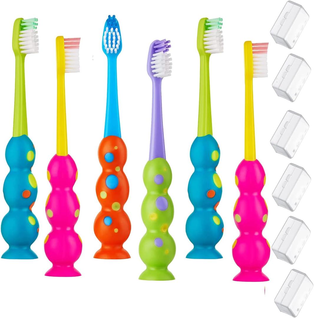 Trueocity Kids Toothbrush 6 Pack - Soft Contoured Bristles - Child Sized Brush Heads (3-10 Year Old) - Suction Cup for Fun & Easy Storage - Girl & Boy Set (6-Pack, Multi-Color)
