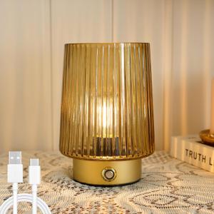Cordless Rechargeable Battery Operated lamp,Glass Small Table lamp-Portable Dimmable Brightness Touch Wireless Bedside Lamp for Bedroom Kitchen Dining Home Living Room Decor Yellow
