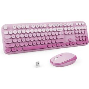 Wireless Keyboard and Mouse Combo, 2.4GHZ Typewriter Retro Full Size Keyboards, Cute Colorful Computer Keyboard and Wireless Mouse for Laptop/Desktop/Windows/PC (Pink Gradient)