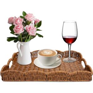 Rectangle Wicker Scalloped Tray, Hand Woven Synthetic Rattan Serving Tray with Handles, Coffee Table Decorative Tray Basket for Modern Boho Rustic Home Ornament or Organizing (Brown)