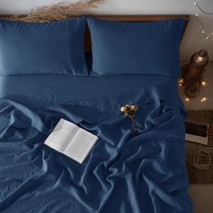 LBRO2M 100% Linen Sheet Set Deep Pocket Fit Up to 19" Bed Sheets Sets, Natural Flax Beddings Soft, Breathable, Comfortable for All Year Round 4 Pcs Sheet Set (Queen, Navy Blue)