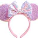 Unisex Mouse Ears Headbands With Bow & Sequins, for Cartoon Princess Costume Cosplay Decoration, Glitter Christmas Party for Women & Adult; FG1 (Soft Flannel Pink)