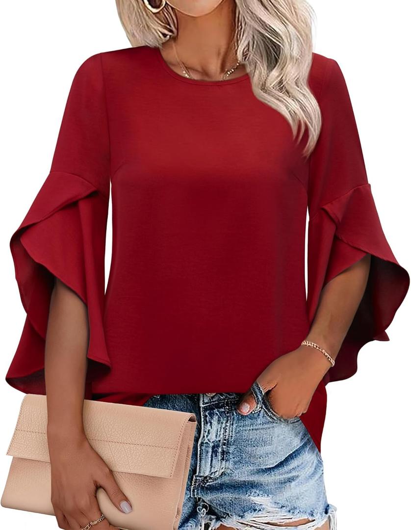 Womens Ruffle 3/4 Length Sleeve Tops 2025 Trendy Summer Dressy Casual Chiffon Blouses Loose Fit Work Shirts (Medium, Red)