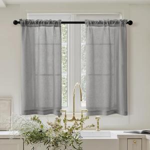 Light Grey Linen Half Kitchen Curtains 36 Inch Length Sets of 2 Rod Pocket Boho Cafe Short Gray Drapes for Windows Semi Sheer Light Filtering Curtains for Bathroom Basement RV Camper Laundry 26x36
