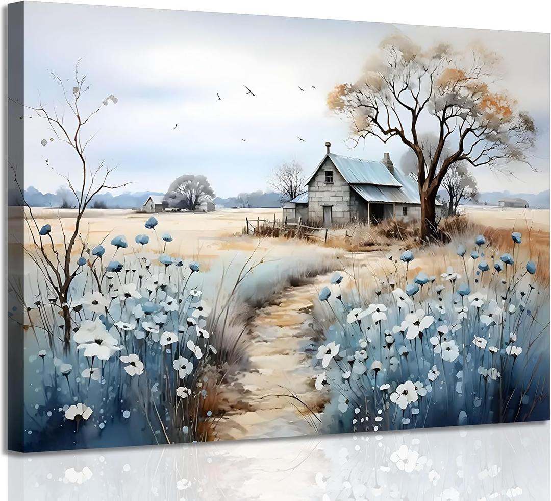 Framed Rustic Farmhouse Canvas Wall Art Beautiful Field Painting Wildflower Barn Print Nature Scenery Picture French Countryside Poster for Bathroom Bedroom Living Room Office Wall Decor 12x16in