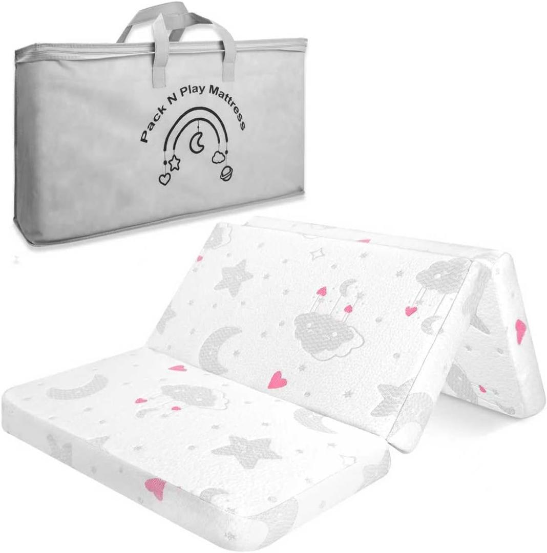 Trifold Pack and Play Mattress, 38"x26" High Density Foam Pack N Play Mattresses for Baby Toddler, Foldable Portable Travel Crib Mattress for Pack N Play with Carry Bag, Heart Pattern