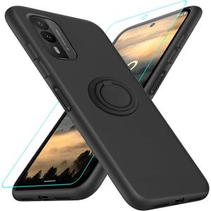 for Nokia XR21 5G Phone Case with Glass Screen Protector, 360 Rotatable Ring Holder Magnetic Kickstand/Stand Silicone TPU Shockproof Protective Cover Case for Nokia XR21 5G - Black