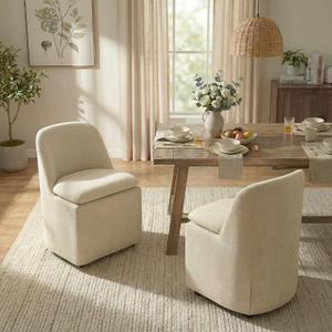 KISLOT Upholstered Dining Chairs with Casters, Washable Cover Modern Dining Room Chairs with Thick Cushion & Sturdy Metal Frame for Kitchen, Living Room, Dressing Room, Sand Fabric, Set of 2
