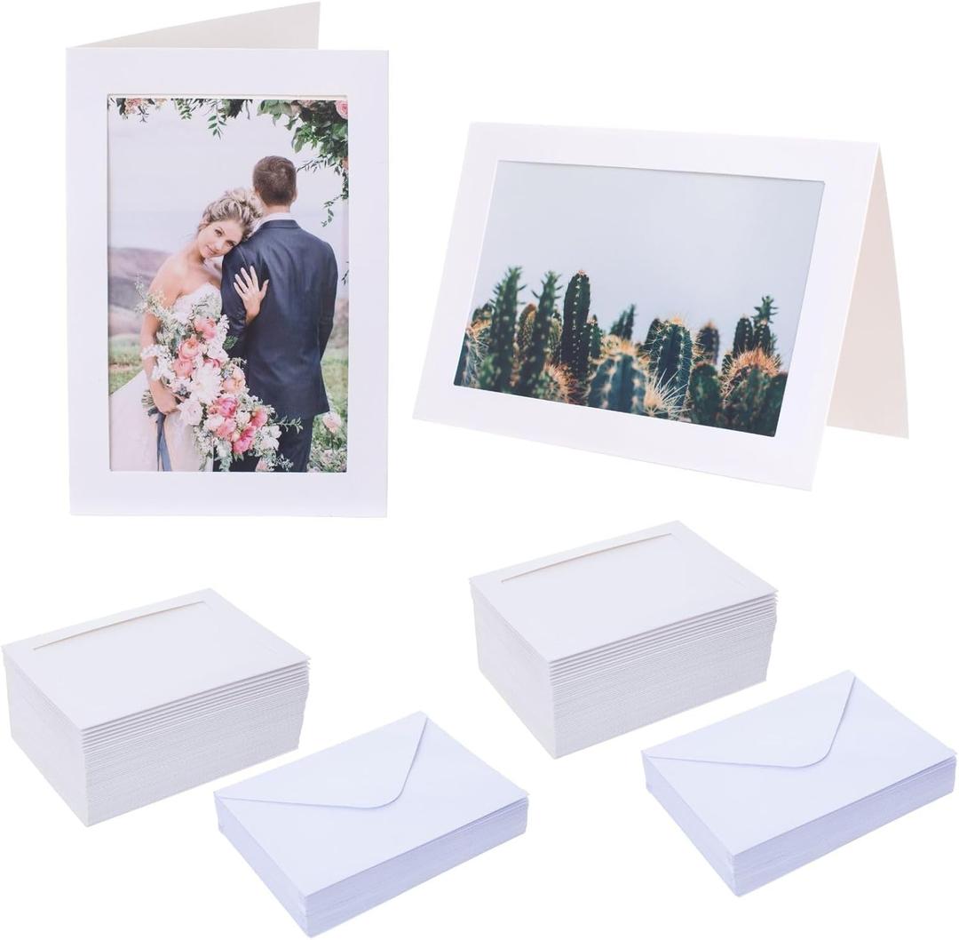 100 Pack Photo Frame Cards with Envelopes 4x6 Paper Picture Frame Notecards Photo Card Holder for Mother's Day Father's Day Graduation Greeting Birthday Classroom DIY Craft,White