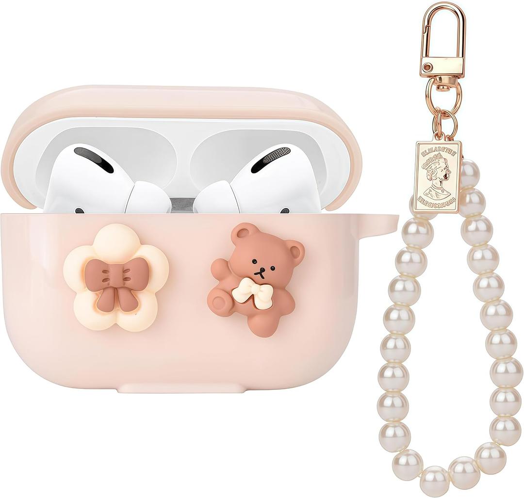 Cute Cases for AirPod Pro 3, Lovely Bow Flower Bear Case with Pearl Chain, Soft Protective Cover for AirPods Pro 3 2025 Released