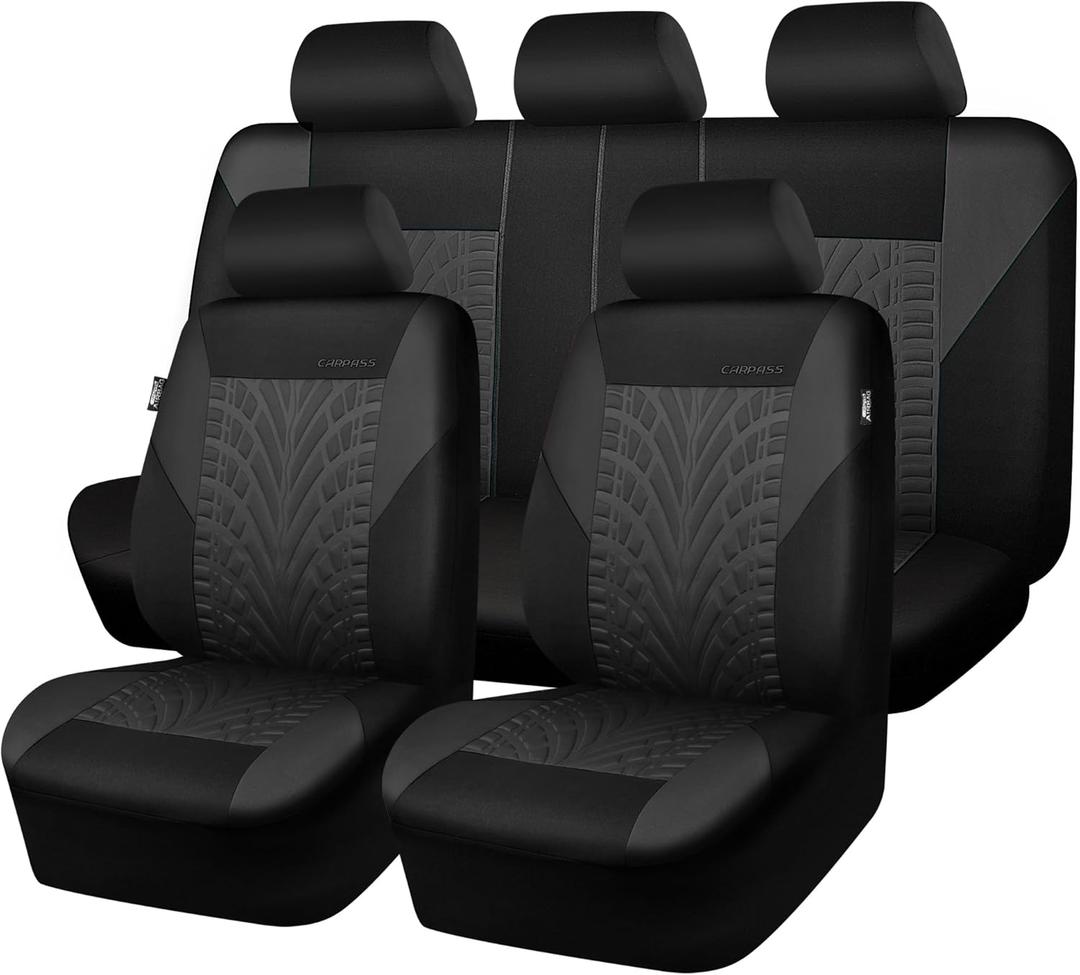 CAR PASS Car Seat Covers Full Sets, Front & Split Rear Bench for Car, 3D Tyre Embossed Automotive Interior Covers, Airbag Compatible, Quick Setup Universal Fit Seat Covers for Car, SUV(Charcoal) (Black and Charcoal)