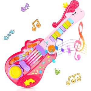 Kids Guitar Toy for 3 Year Old Girl Gift 2-in-1 Electric Guitars with Piano Mode for Toddlers Light Up Music Toys for 3 4 5 Year Old Girls Boys Gifts (Pink)
