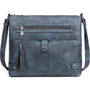 FADEON Large Crossbody Purses for Women Crossbody Bag, Designer Leather Cross Body Purses Multi Pocket Shoulder Bag, Dark Blue Retro Style