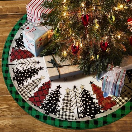 DISENB Christmas Tree Skirt 48 Inch, Green and Black Buffalo Plaid Xmas Tree Skirt, Winter Christmas Tree Mat for Home Party Holiday Indoor Outdoor Decorations
