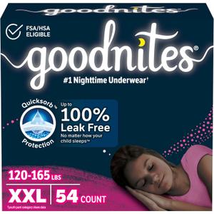 Goodnites Girls' Nighttime Underwear, Size XXL (120-165 lbs), 54 Ct, Packaging May Vary