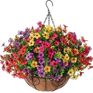 HyeFlora Artificial Faux Hanging Plants Flowers Basket for Summer Outdoor Outside Decoration, Fake Silk UV Sun Resistant Look Real Colorful Daisy Eucalyptus for Porch Home Patio Balcony Yard 