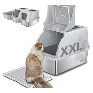 Stainless Steel Cat Litter Box with Lid, 180° Flip Top XXL Enclosed Litter Box with Cat Pedal Step Stool & Scoop, Front Top Dual Entry Steel Extra Large Cats Litter Pan, Light Grey