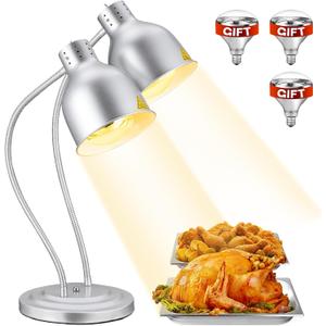 Food Heat Lamp: [Rapid-Heating Bulbs Included] [Steady Heating] Commercial Food Warmer Lamp, Electric Heat Lamp for Food Catering Food Warming Lamp for Buffet Parties (Painted Silver, 32" (2-Head))