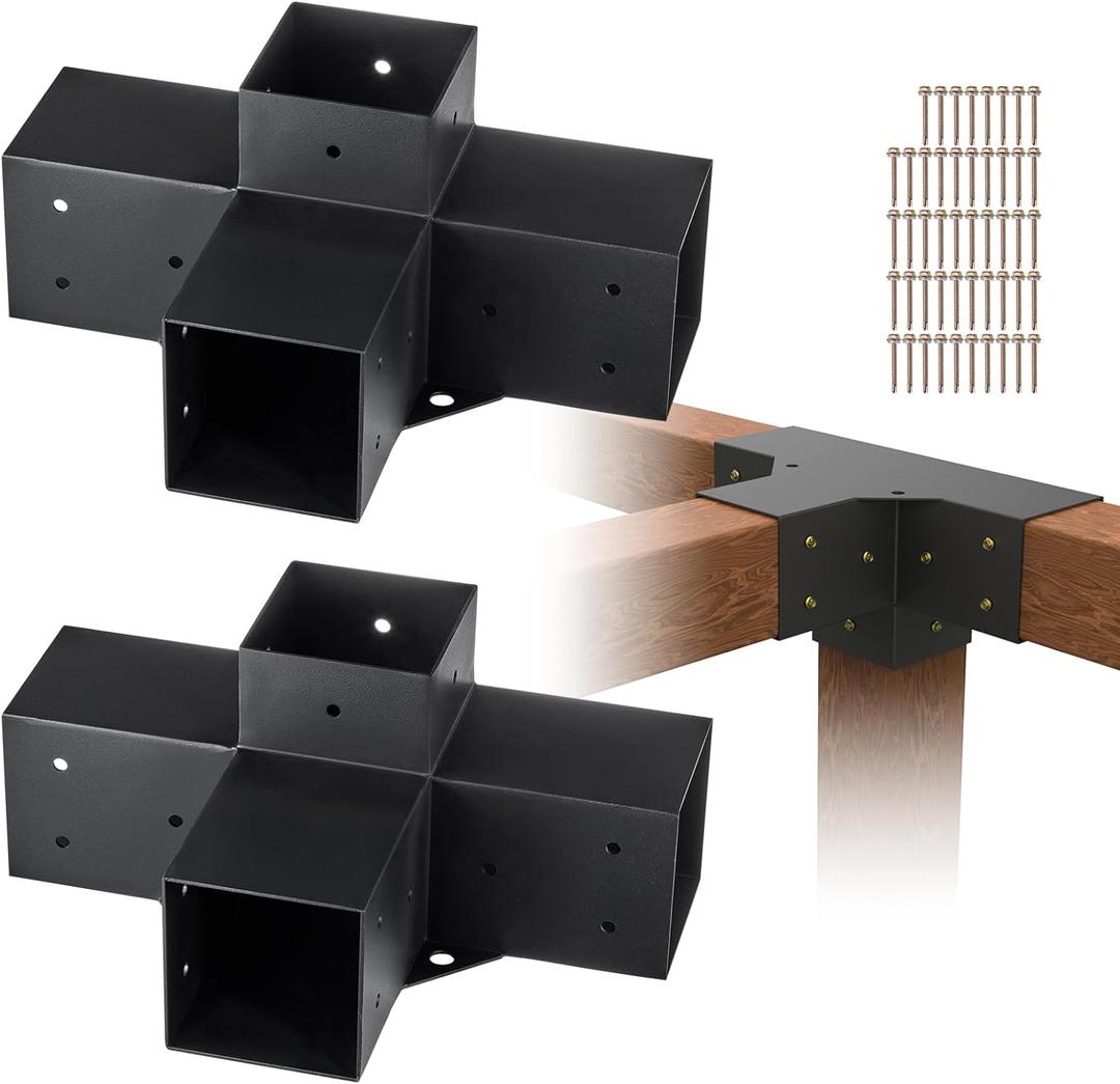 VEVOR Pergola Bracket Kit 4''x4''(Inner Size 3.6x3.6), 2pcs 4-Way Heavy Duty Corner Bracket Woodworks DIY Post Base Kit, Easy Installation Wooden Beams for Gazebos, Patio Pergolas, Log Cabin