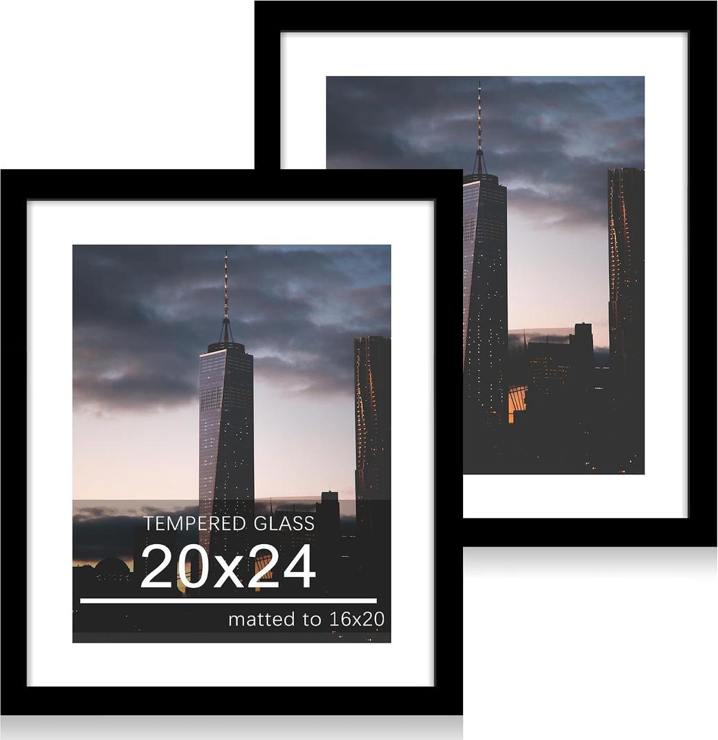 20x24 Picture Frame Set of 2, 20 x 24 Wood Poster Frames with Mat for 16x20, Wooden Photo Frames with Tempered Glass Cover for Wall Display,Black, 20x24-2Pack