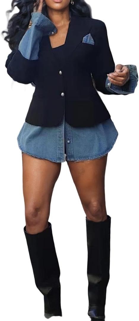 LKOUS Women's Denim Patchwork Long Sleeve Open Front Slim Fit Blazer | Stretchy, Casual, Business, Jacket, Pockets, V-Neck, Button, Soft, Suit, Lightweight, Work, Lapel, All Season, Black, X-Large