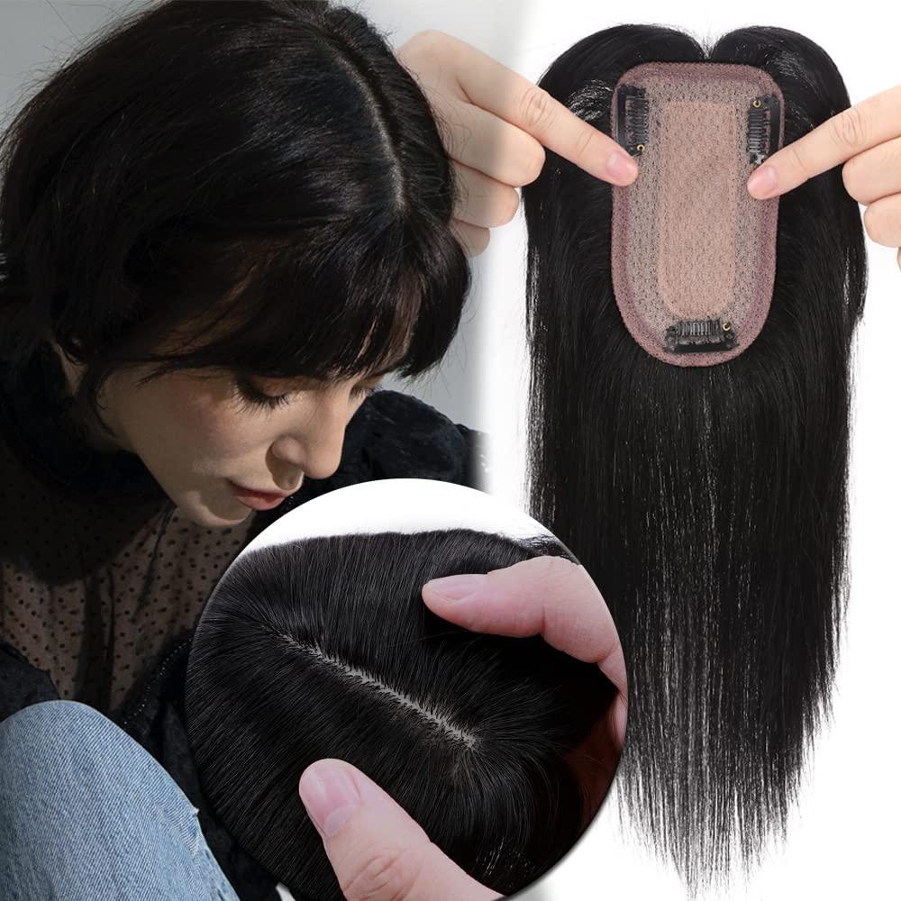 MY-LADY Human Hair Toppers for Women Real Remy Hair 150% Density 7 * 13CM Silk Base with Bangs Clip in Hair Pieces Straight Hairpiece for Thinning Hair 12 Inch #01 Jet Black (12 Inch, #01 Jet Black)